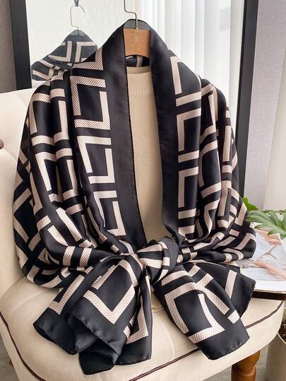 1 chiếc khăn choàng nữ bằng lụa giả, họa tiết hình học tối giản, thời trang, đa năng, thích hợp cho mùa xuân/thu, phù hợp để sử dụng hàng ngày, đi du lịch và chống nắng.