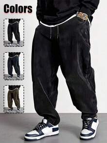 1pc Men's Corduroy Drawstring Waist Wide Leg Casual Sports Pants, Suitable Outdoor Activities - 黑色 - 查看 9