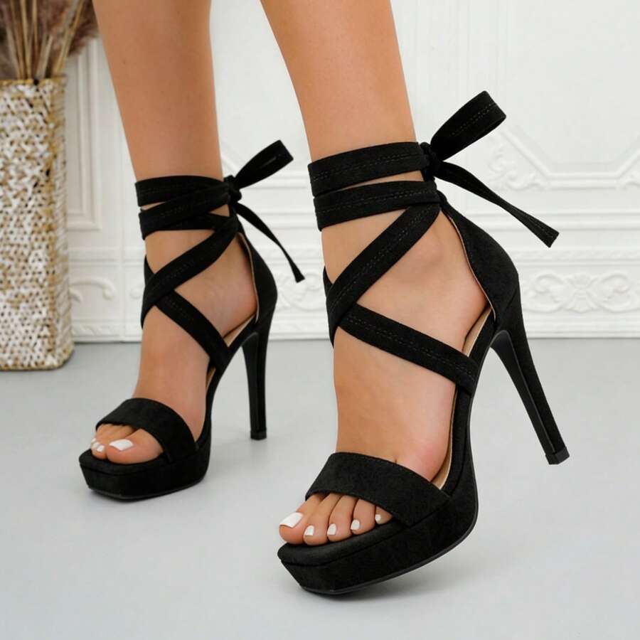 lunryet Platform Stiletto High Heels Ankle Strap Heeled Sandals Sexy Wedding Party Dress Shoes For Women Open Toe Heels SABRINA-3 - màu đen - Xem 1