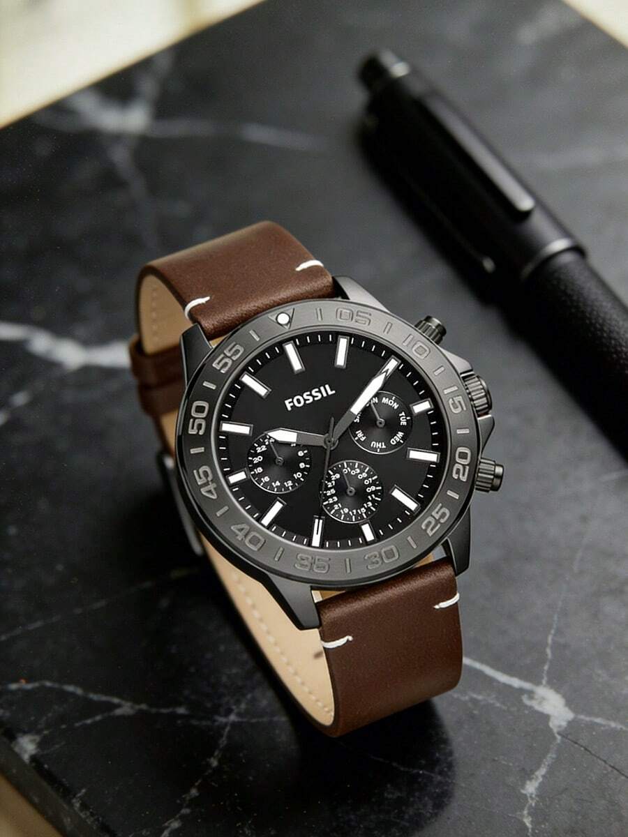 Fossil Men's Quartz Leather & Stainless Steel Three-Hand Watch, Stainless Steel Case/Glass Dial, Model: BQ2708/BQ2709 - Brown - View 1