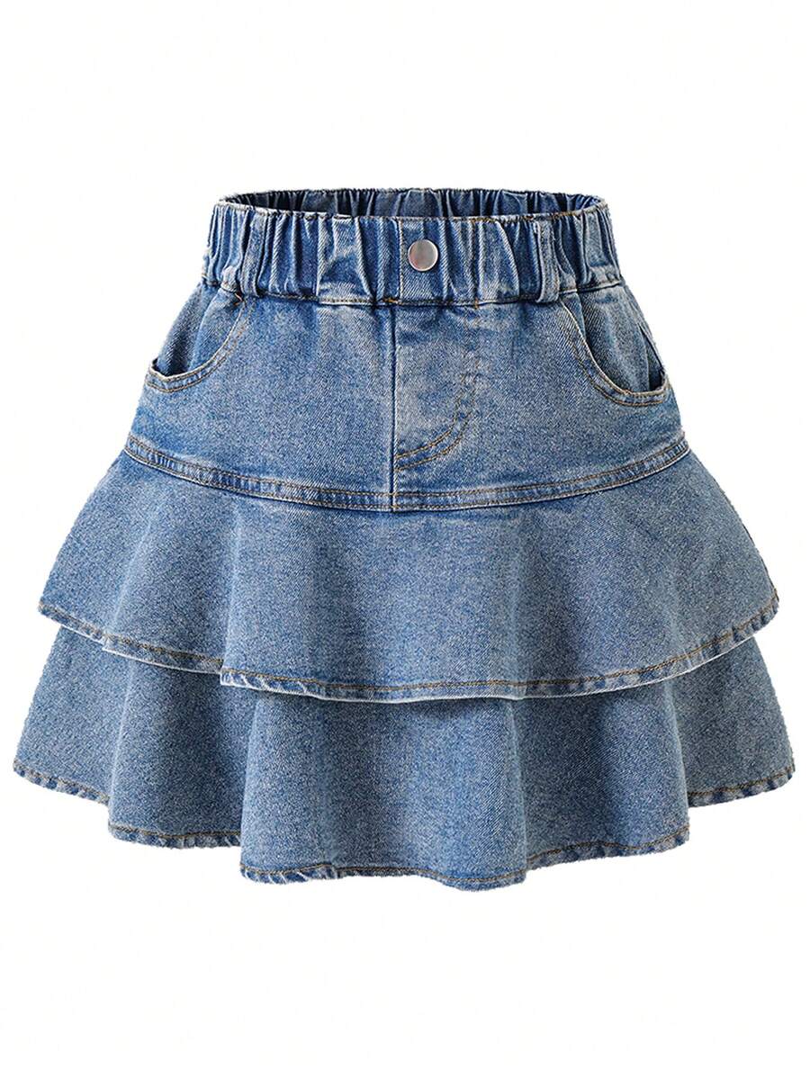 Váy ngắn denim xếp ly viền bèo mùa hè cho thiếu nữ - Màu xanh lam - Xem 1