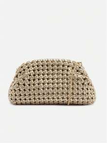 Medium Silver Black Gold Braided Crossbody Bag With Chain - Gold - View 2