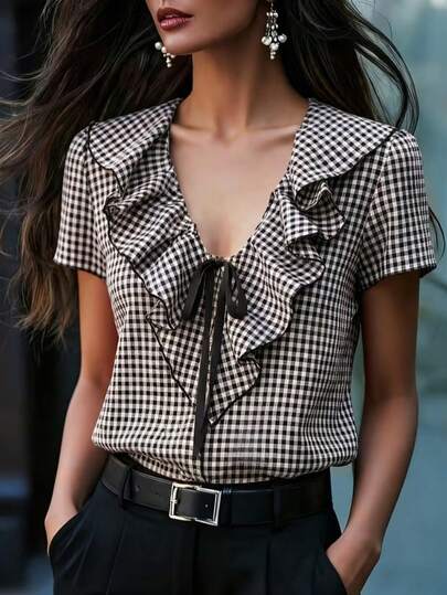 Elegant & Cute Daily Wear Butterfly Collar Short Sleeve Blouse, Classic Red & White Plaid, Bow Tie Front Design Suitable For Casual & Leisure Wear Black