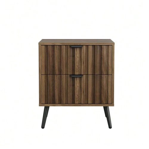 Modern Bedside Table With Recessed Design And Two Drawers, Suitable For Bedrooms, Hallways, Living Rooms And Children's Rooms, Walnut - 45 X 40 X 53 cm - View 1