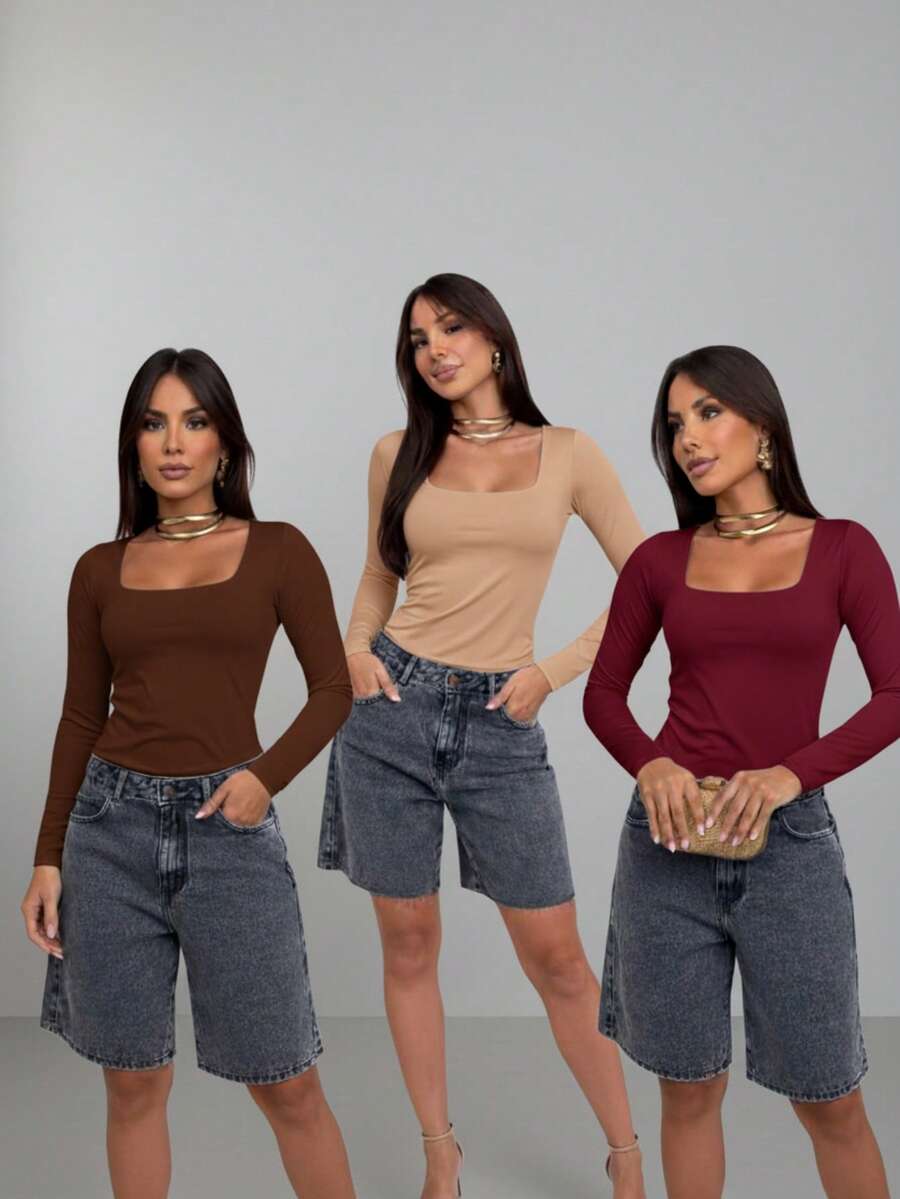 Set Of 3 Women's Second Skin Baby Look Blouses, Long Sleeve, Square Neck, Basic Shaping, Soft Supplex Fabric, Lined, Elastic, Premium Casual Fashion, Versatile, - 咖啡米色-葡萄酒色 - 查看 1