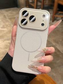 1pc Premium Feel Lychee Pattern Leather Magnetic Case Compatible With IPhone 17 Pro Max 17 Pro 16 15 14 Plus 13 12 Pro Max All Inclusive AG Lens Cover - White - View 2