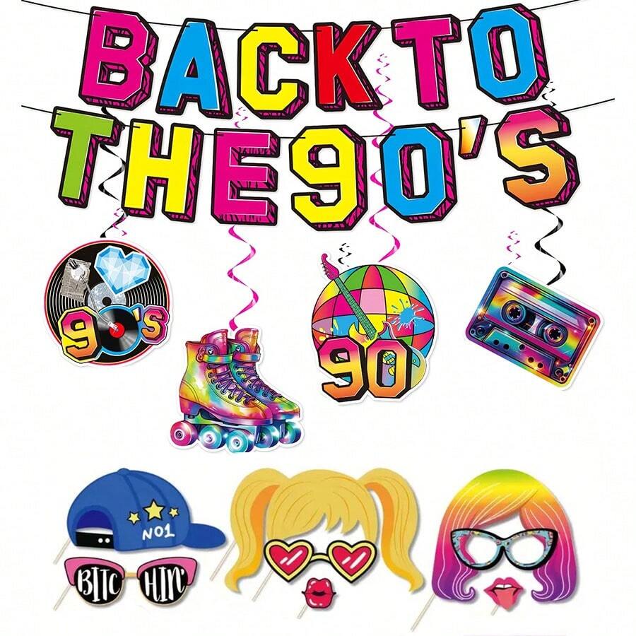 Set de decorațiuni pentru petreceri cu tematică anii '90, 27 de bucăți, banner retro din hârtie și spirale agățate, articole de petrecere în stil disco rock hip hop, potrivit pentru decor vintage pentru petreceri de ziua de naștere - Vizualizare 1