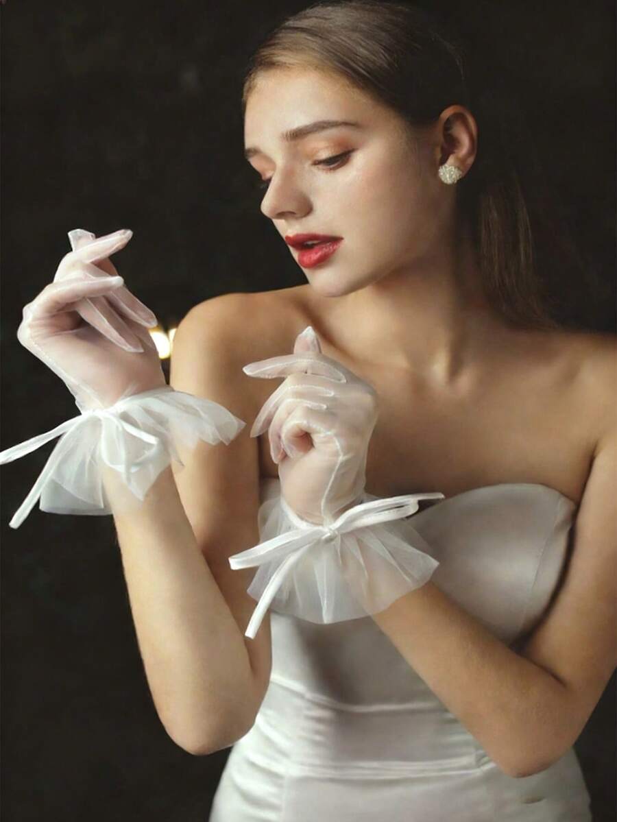 Găng tay nơ, thích hợp cho cô dâu đeo trong đám cưới và các bữa tiệc. - Màu be - Xem 1