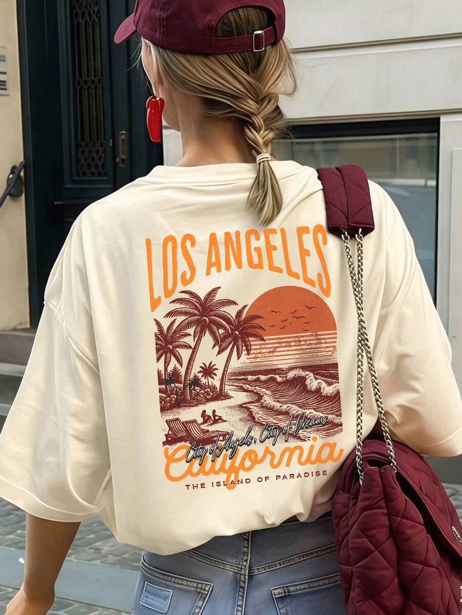 Summer Women's Ocean Beach Coconut Tree Letter Print Round Neck Camisole, Casual Loose Versatile Vacation Style Top, Suitable For Holiday And Summer Wear