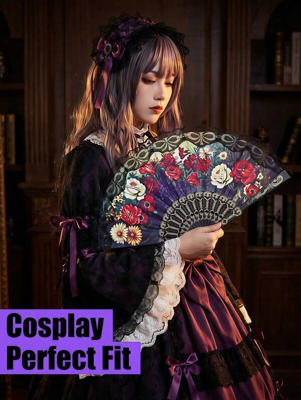 우아한 꽃무늬 손 부채, 빈티지 꽃 레이스 디자인 걸 및 걸 휴대용 접이식 부채, 휴대용 여름 웨딩 파티 선물, 야외 여행 캠핑 사진 촬영을 위한 시원한 필수 액세서리