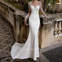 Elegant Sexy Long Sleeves Lace Appliqué Mermaid Satin Formal Wedding Dress,Registry Office Dresses Bridal Gown,Evening Party Dress Birthday Party Dress Country Wedding,Romantic Church Ceremony Wedding Dress,Suitable For Wedding,Dating,Party,Singles' Party,Vacation,Formal Occasions,Dinner Dress,Prom Dress,Homecoming Dess,Cocktail Party,Wedding Guest Dress,Graduation - 白色 - 查看 5