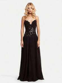 Sexy Spice Girl Casual Vacation Wind Embroidery Water Soluble Lace Hollow Splicing Chiffon Suspender Dress - màu đen - Xem 4