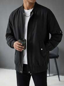 1pc Men's Black Loose Bomber Jacket, Multi-Pocket Technologic Style, Anti-Pilling And Anti-Snagging, Minimalist High-End Outerwear, Suitable For Daily Commute And Casual Business Wear - Black - View 11