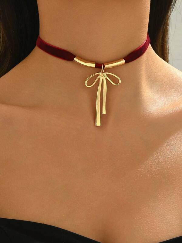 1pc Sexy & Fashionable Wine Red Ribbon Bow Pendant Choker Necklace For Women, Suitable For Casual And Holiday Wear