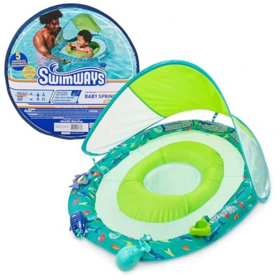 Baby ng Float Splas N Play Flotador de Piscina para bé con toldo y protección UPF y Accesos de Piscina para niños de 9 a 24 Mes - Verde y azul - Ver 1
