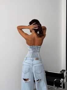 SQUALO Women's Denim Leopard Print Bandeau Crop Top Slit Hem - Blue - View 4