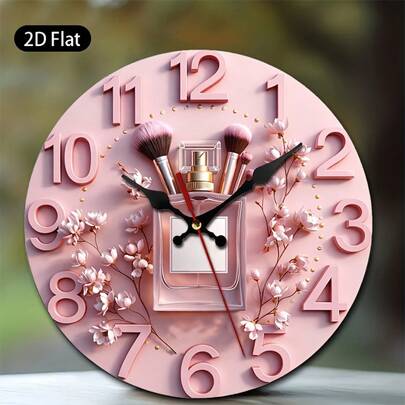 Single Piece, 10inch, 2D Flat Wall Clock, Perfume Bottle Design, Paired With A Makeup Brush, Featuring Pink Flowers And Gold Sequin Elements, With Numeric Markings, Suitable For Decorating Bedrooms, Living Rooms, Dressing Tables, Bathrooms, And Beauty Salons, Featuring A 2D Flat Design,Home,Decor,Muebles,Gift,Birthday Gifts,Wedding,Room Deocr,House Deocr,Wall Deocr