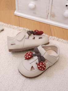 1 Pair Summer Baby Soft Bottom Non-Slip Prewalker Shoes, Cherry Decor Hook & Loop Closure, Breathable For Infants - Beige - View 6