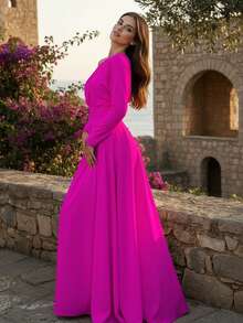 Vestido Largo Elegante Hombro Descubierto De Manga Larga Casual Fiesta Para Mujer - Rosa Neon - Ver 4