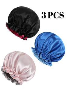 Bộ 3 mũ tắm hai lớp phối màu tương phản bằng satin viền ren, băng đô cài tóc, phù hợp cho cả tóc dài và tóc ngắn. - Hồng đen + xanh đậm + xanh nhạt + xám nhạt - Xem 2