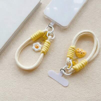 可爱鸡蛋奶酪手机挂饰，编织挂绳，纯色糖果色多功能腕带，通用可拆卸手工编织绳手机壳吊坠带垫，钥匙扣，防丢手机配件