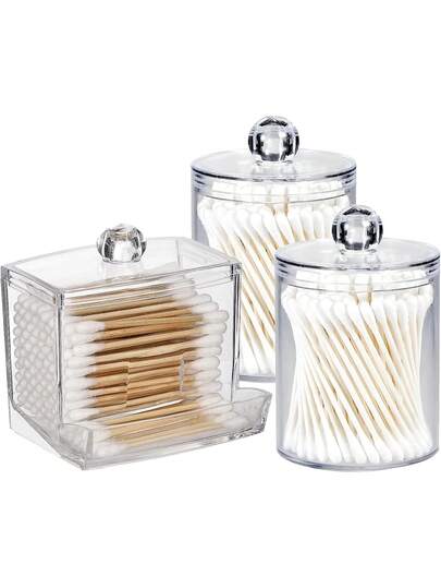 3M 1/2/3支装棉签盒带盖 - 10盎司透明塑料药罐，适用于梳妆台化妆品收纳 - 浴室配件套装，可收纳棉签、棉球、棉垫、牙线等