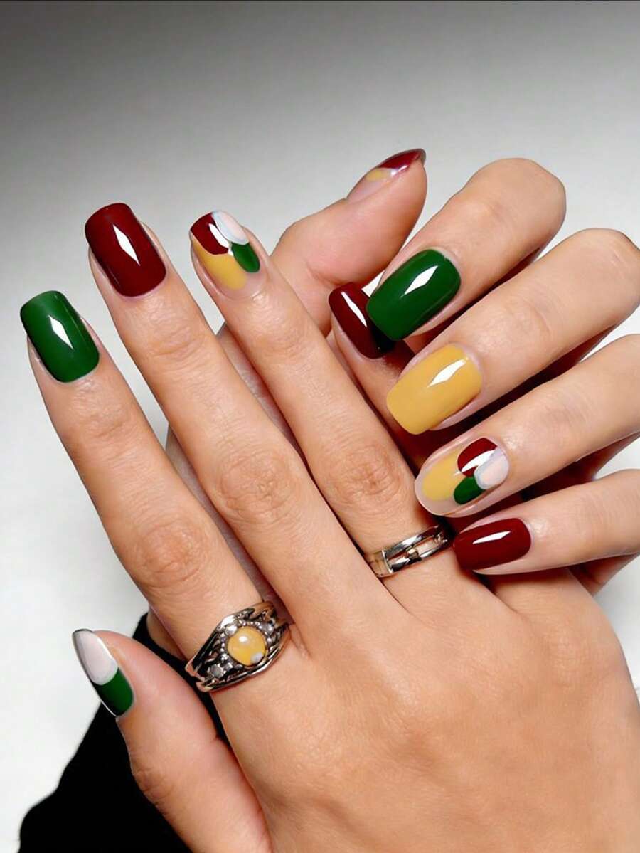 Change Your Nails With This, 24pcs Square French Wine Red Flower & Golden Pearl Full Cover Press-On Nails, Includes 1pc Gel Polish And 1pc Nail File, Suitable For All Women And Girls For Daily Wear, Festivals, Parties, Summer Beach - Multicolor - View 1