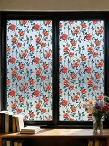 Fancy Rose Pattern Laser Window Sticker, Rainbow Effect Privacy Film For Glass, Aesthetic Static Cling Decorative Decal For Bedroom & Bathroom, 17.7" X 78.7" Window Privacy, Bedroom Window Decor, No Glue Window Decal, Removable Window Sticker, Aesthetic Home Decor, Glass Door Film, Rose Floral Pattern, Light Blocking Window Film, Decorative Glass Sticker, Home Window Decoration - 1PC - View 2