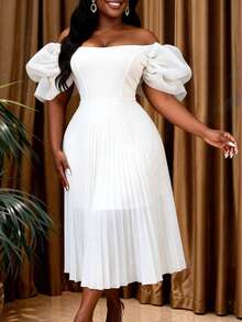 AOMEI Women's Elegant Off-Shoulder Ruffle A-Line Dress With Puff Sleeves, Suitable For Spring/Summer Wedding Guest, Cocktail Party, Evening Gala - White - View 3