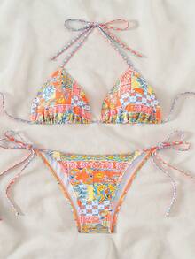 Women's New Printed Tie-Front Bikini Set Sexy S Swimsuit Versatile For Beach  Hot Springs Stylish Vacation Swimwear - 橘紅色 - 查看 5