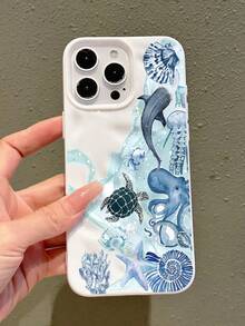 1 pieza Compatible con iPhone 17/16 Pro Max/15 Plus/14 Pro, Fresco y Curativo, TPU arrugado, Funda de teléfono, Estilo océano Ins, Impresión de criaturas azules submarinas, Cobertura completa a prueba de golpes, Recortes precisos - Blanco - Ver 4