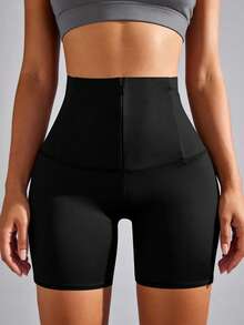 NcmRyu 1pc Women High Waist Adjustable Zipper Solid Color Elastic Waist Sports Shorts - Black - View 5