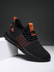 A Pair Of Men's Fashionable Breathable Knit Casual Sports Running Shoes, Suitable For Outdoor And Gym Use, All-Season And Unisex - Black Orange - View 1