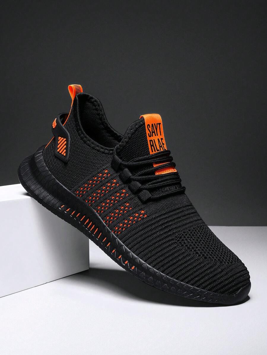 A Pair Of Men's Fashionable Breathable Knit Casual Sports Running Shoes, Suitable For Outdoor And Gym Use, All-Season And Unisex - Black Orange - View 1