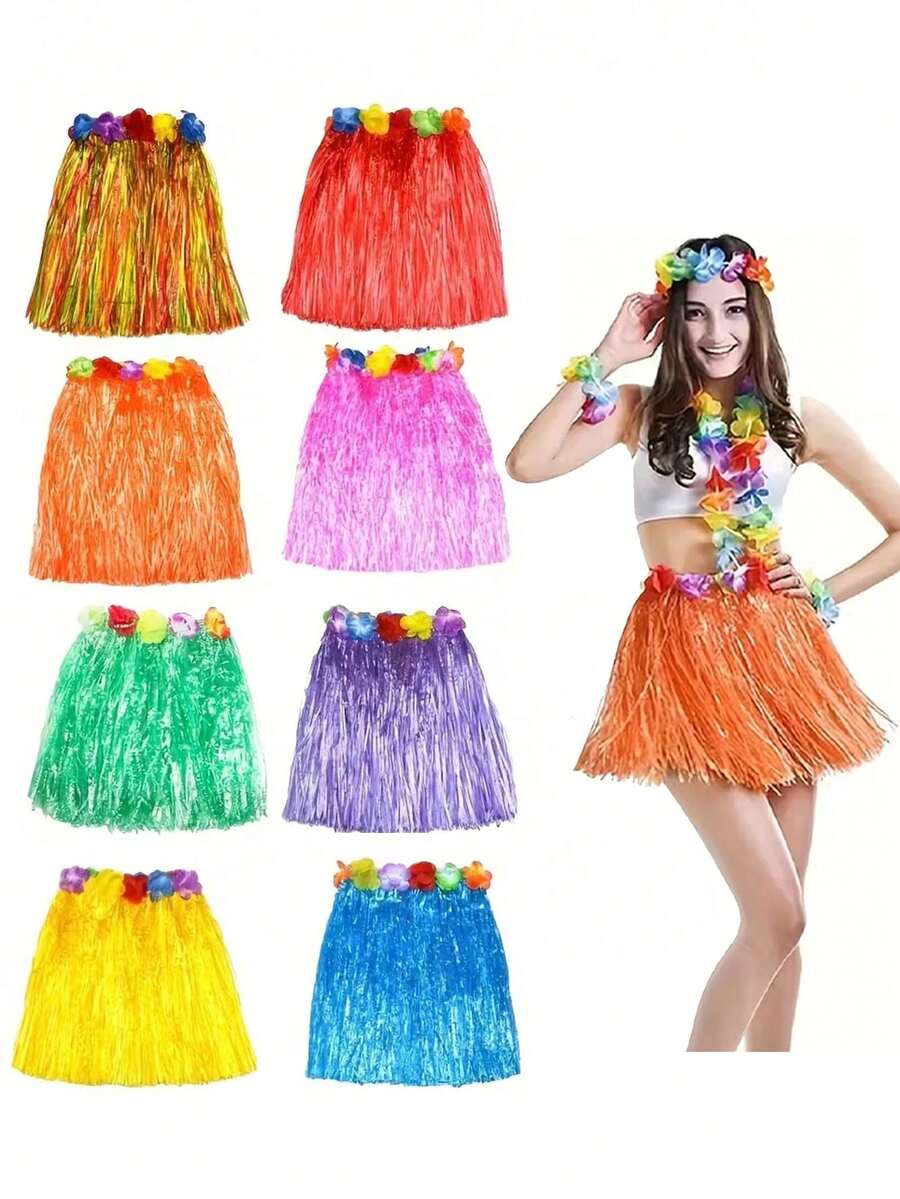 1 pieza Falda de hierba de colores, decoración de fiesta tropical, disfraz de baile, celebración de cumpleaños de verano, conjunto de actuación con tema hawaiano, con falda con flecos y flores, adecuado para decoración de playa y fogata hawaiana