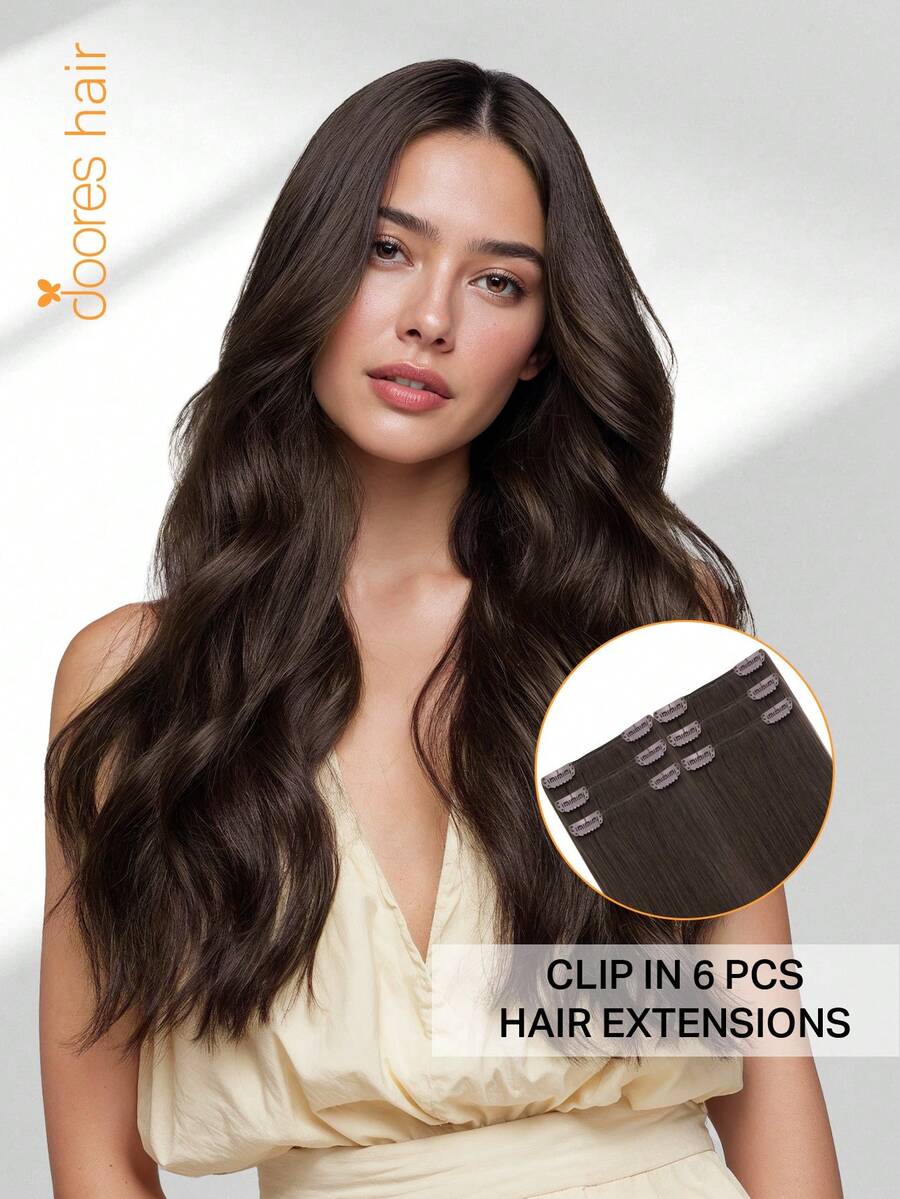 DOORES 6 PIEZAS (Con 12 Clips) Extensiones de cabello humano con clip 12-24 pulgadas, extensiones de cabello humano Remy sin costuras con doble trama, para uso diario de mujeres, para agregar volumen y longitud, para un aspecto natural - S2A - Ver 1
