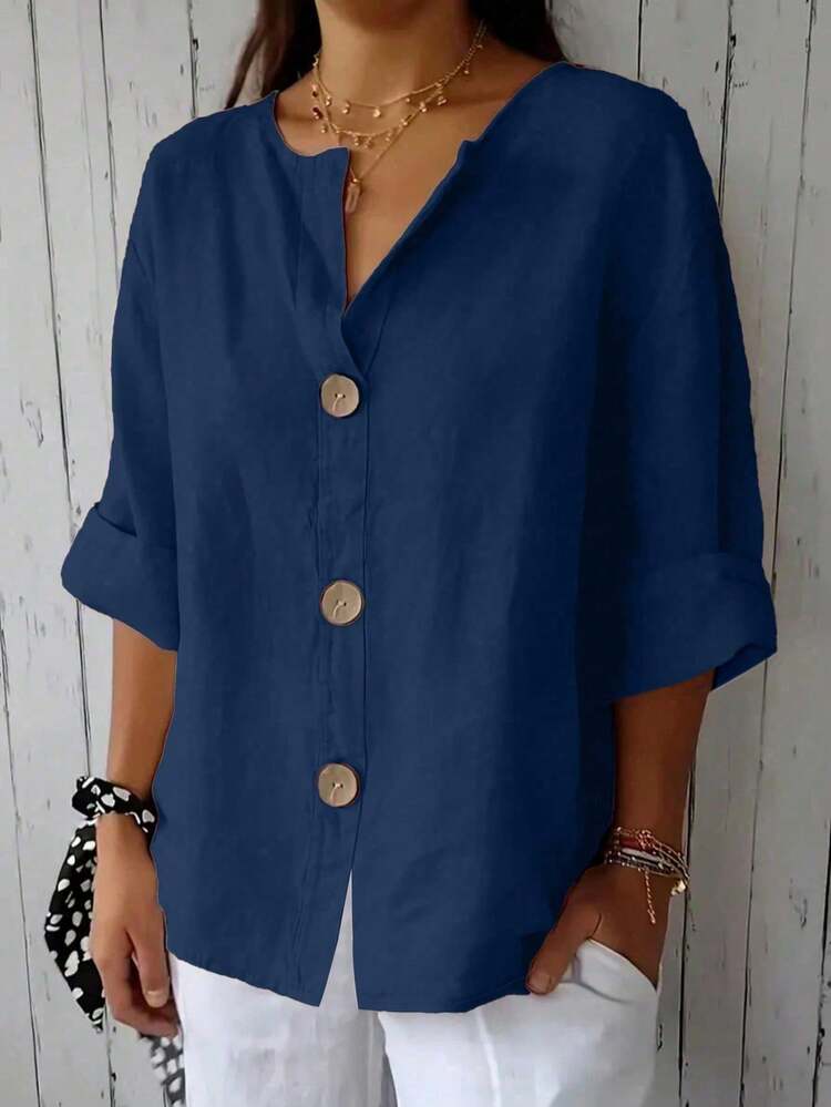 Camisa de botones delanteros de unicolor para mujer de talla grande, primavera - Azul Marino - Añade 1