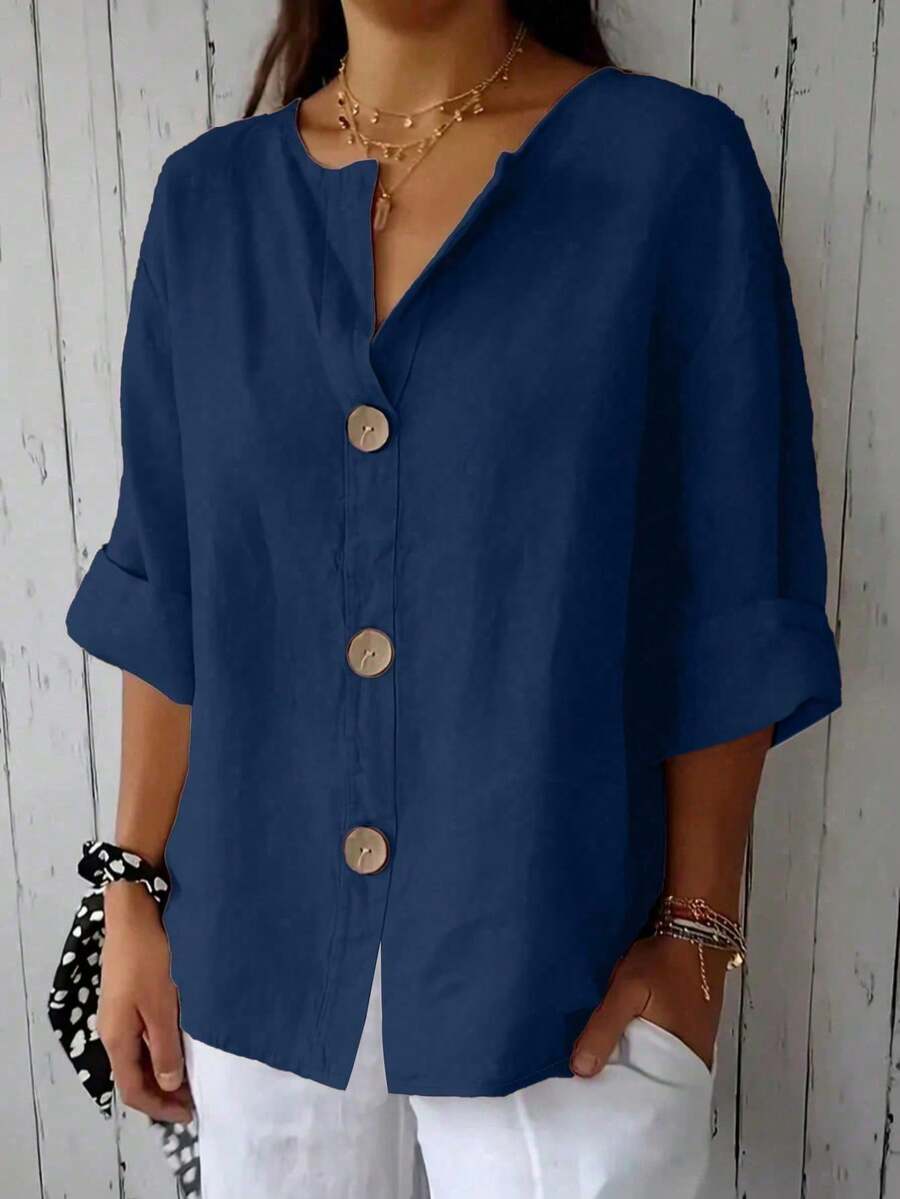 Plus Size Women's Solid Color Front Button Shirt Spring