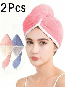 2pcs Ultra-Fine Fiber Hair Drying Towel, With Button, Super Absorbent, Suitable For Curly Hair, Quick Drying Towel, Fit For Women And Girls - B - View 1