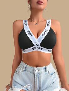 1pc Women Fashion Casual Letter Ribbed Soft Cup Bra, Comfortable Wireless With Pads, Medium Support Sports Bra Underwear - Black - View 8