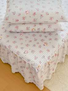 Bộ 3 món (1 ga trải giường, 2 vỏ gối) họa tiết hoa, lưới, in hình mèo con với viền lá sen, ga trải giường che phủ toàn bộ giường, chống bụi, có viền váy, bộ 3 món ga trải giường xếp ly kèm 2 vỏ gối. - Mèo trong bụi rậm - Xem 5
