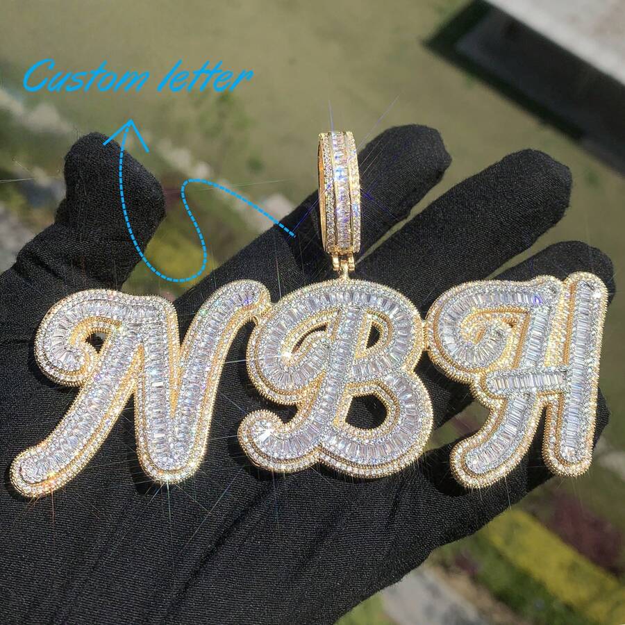 Customized Pointed Foot Monogram Pendant, Brass Cubic Zirconia, DIY Personalized Hip Hop Style Necklace, Comes With 50cm Twisted Chain - Uppercase and Lowercase Trapezoidal Square Splicing - View 1