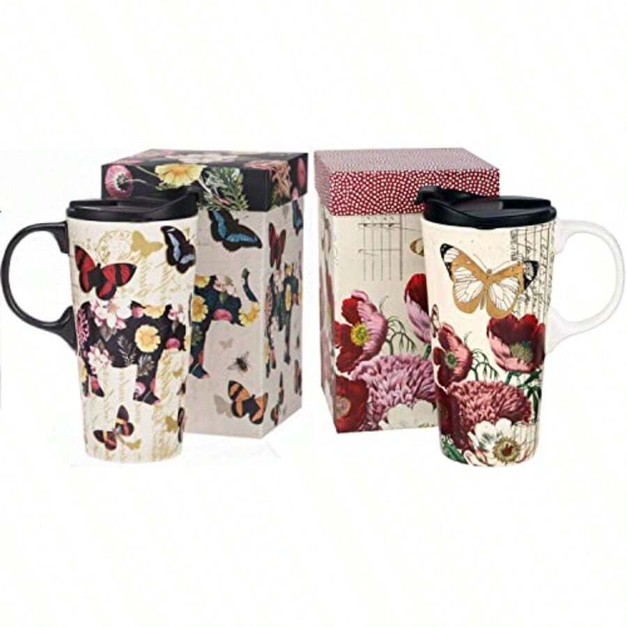 Topadorn Taza de cerámica de viaje de 17 onzas taza de café con tapa sellada y caja de regalo perfecta para café y té paquete de 2 - Juego de 2 - Ver 1