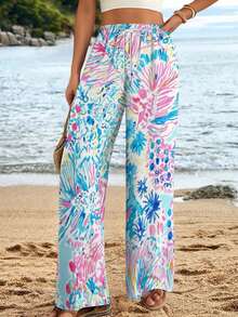 Women's Summer Wide Leg Pants Tropical Print Vibrant Floral Coral Reef Pattern Tee Lightweight Vacation Cruise Beach Top Comfortable Crew Neck Yoga Pants Sleeve Casual Ladies Bottoms Stylish Flared Trousers Relaxed Fit Beachwear Essential Apparel Wear ≤250 Characters - 彩色 - 查看 3