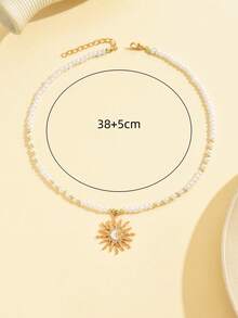 1pc Tassel Pearl Beaded Sun Moon Pendant Necklace, Unique Design Jewelry For Women Everyday & Party Wear - Imitation Pearl - View 6