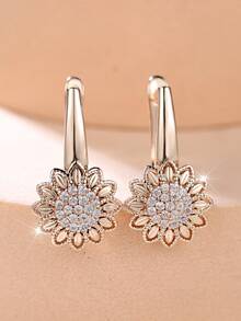 Vanel 1 Đôi bông tai móc cài hình hoa hướng dương màu vàng hồng sang trọng đính đá Cubic Zirconia dành cho nữ, điểm nhấn là những bông hoa hướng dương lấp lánh, kiểu dáng nhỏ nhắn, thích hợp để đeo hàng ngày và dự tiệc. - vàng trắng - Xem 2
