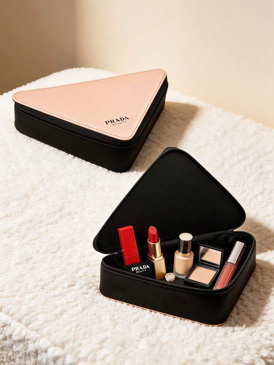 Prada 粉色三角形大容量化妆包，旅行洗漱收纳袋，拉链化妆包 - 黑粉紅色 - 查看 1