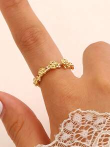 Juego de 3 anillos elegantes y lujosos con flores de rosa de cobre y rhinestones, diseño floral 3D, anillos ajustables para mujeres, adecuados para uso diario, fiestas, citas, vacaciones, playa, regalo para amigos, familia, parejas, diseño de joyería original - Dorado - Ver 7
