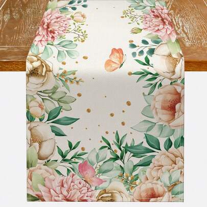 1件亚麻水彩花卉春季桌布，季节性花卉节日厨房餐桌旗，适用于家庭室内壁炉派对农舍装饰