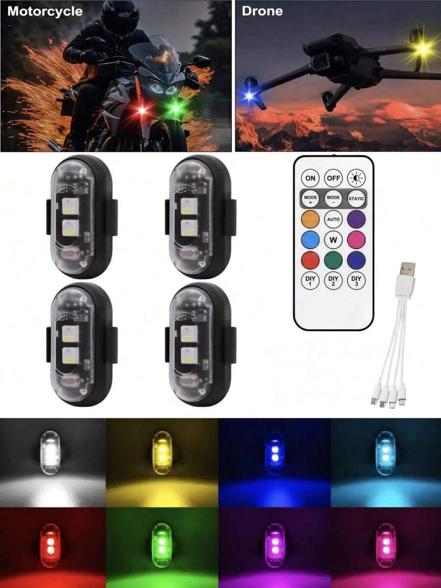 4 tiras de luz LED inalámbricas - Iluminación de alta luminosidad de 8 colores con función de evitación de colisiones, con control remoto, carga USB y diseño impermeable, adecuado para automóvil, dron, avión, motocicleta y bicicleta